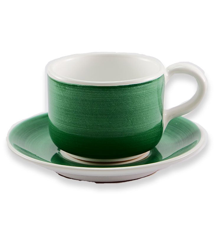 Tazza colazione + piattino , ceramica siciliana, artigianale, colore verde smeraldo