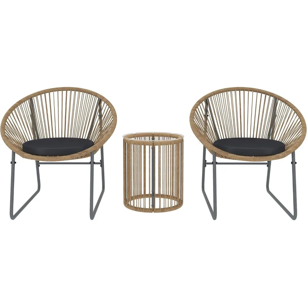 Set da giardino da esterno in 3 pezzi, 2 sedie, tavolino da caffè con cuscini lavabili e piano in vetro, set di mobili da patio e balcone.