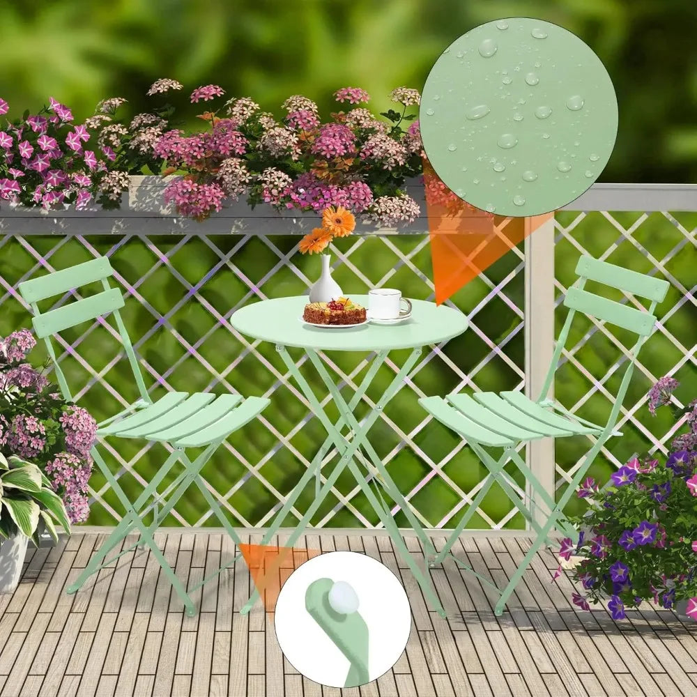 Set da giardino pieghevole da 3 pezzi Tavolo modello Parigi con 2 sedie in acciaio, mobili salvaspazio per bistrot, balcone, patio, esterno