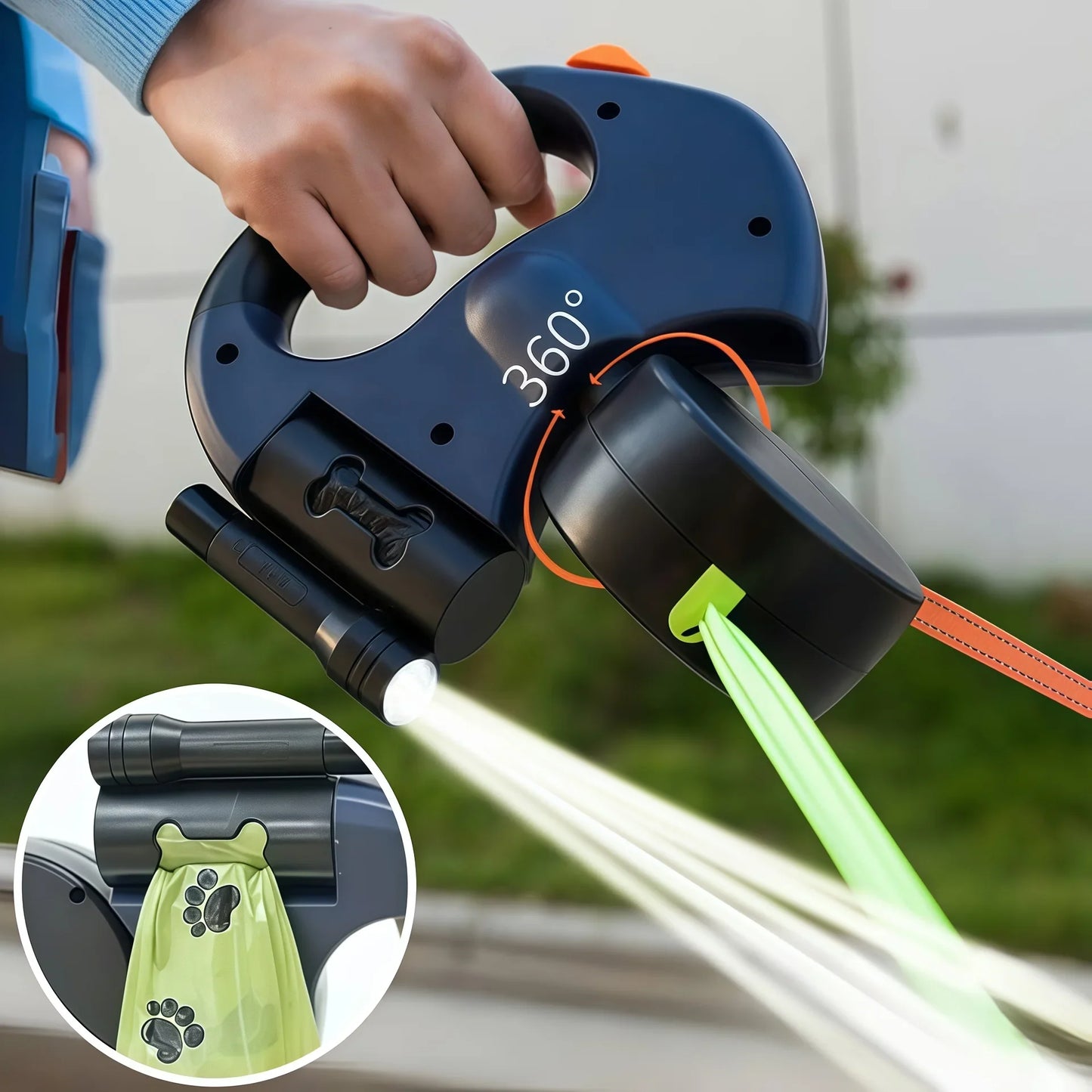 Guinzaglio per cani retrattile automatico a doppia estremità 3 m con torcia a LED Sacchetto per rifiuti Roulette Corda a doppia trazione da 360 gradi Forniture per animali domestici