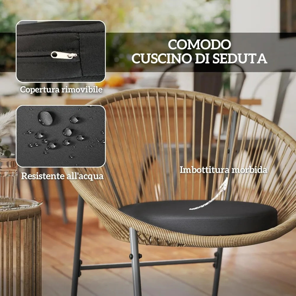 Set da giardino da esterno in 3 pezzi, 2 sedie, tavolino da caffè con cuscini lavabili e piano in vetro, set di mobili da patio e balcone.