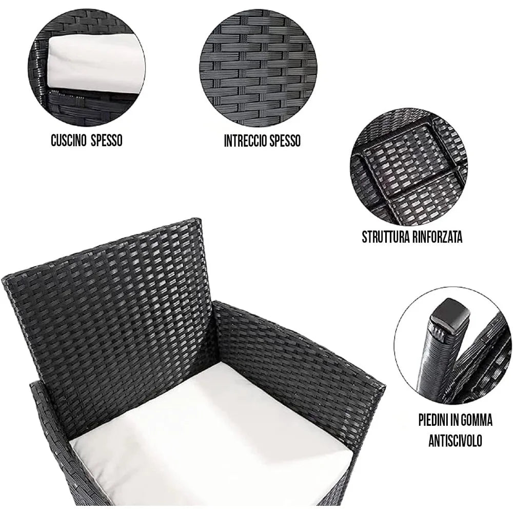 Set di mobili da giardino in rattan, 4 posti con tavolo e ripiani in vetro, 2 poltrone e divani a 2 posti, set di mobili da esterno