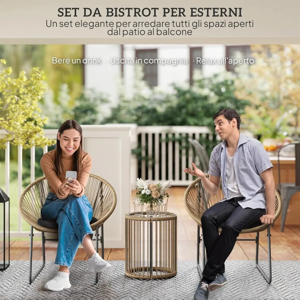 Set da giardino da esterno in 3 pezzi, 2 sedie, tavolino da caffè con cuscini lavabili e piano in vetro, set di mobili da patio e balcone.