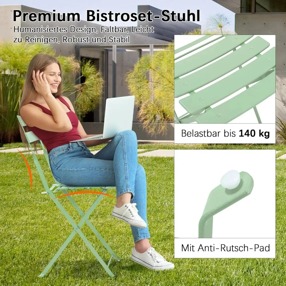 Set da giardino pieghevole da 3 pezzi Tavolo modello Parigi con 2 sedie in acciaio, mobili salvaspazio per bistrot, balcone, patio, esterno
