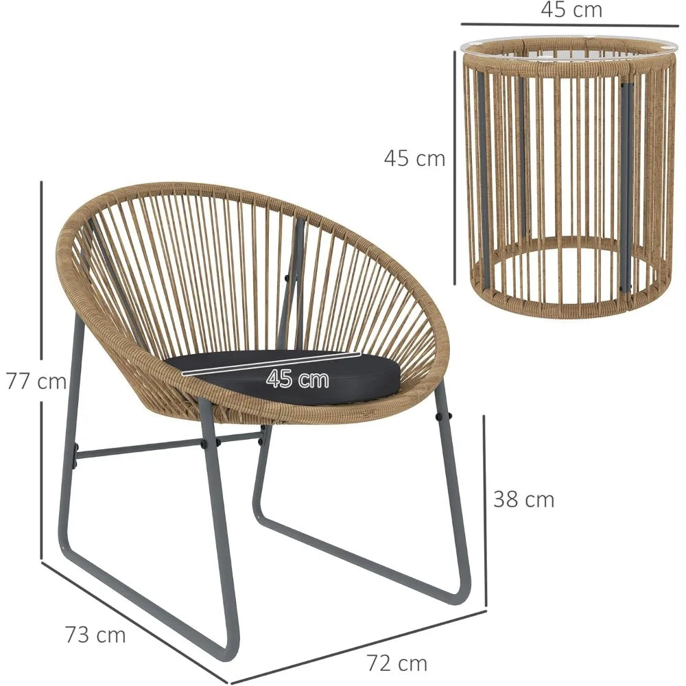 Set da giardino da esterno in 3 pezzi, 2 sedie, tavolino da caffè con cuscini lavabili e piano in vetro, set di mobili da patio e balcone.