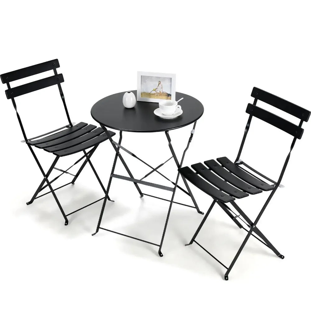 Set da giardino pieghevole da 3 pezzi Tavolo modello Parigi con 2 sedie in acciaio, mobili salvaspazio per bistrot, balcone, patio, esterno