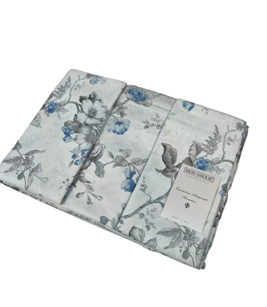 completo lenzuola , fiori blu, matrimoniale, puro cotone