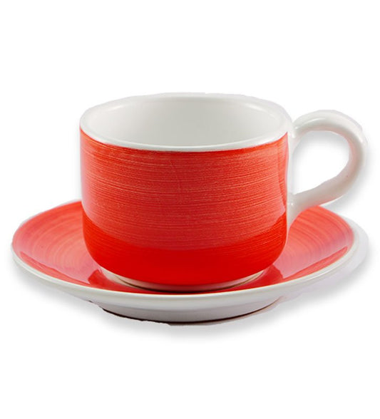 Tazza da colazione+ piattino , ceramica siciliana, artigianale , colore rosso corallo