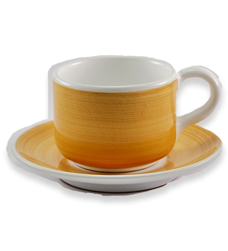 tazza colazione + piattino, ceramica  siciliana, artigianale, colore giallo  ambra