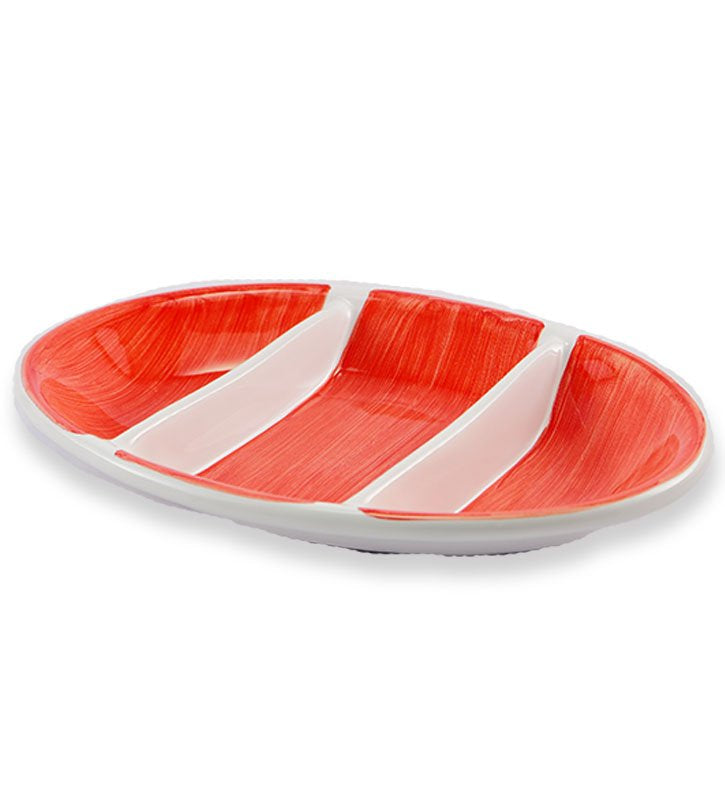 antipastiera ovale, ceramica siciliana, artigianale , colore rosso corallo