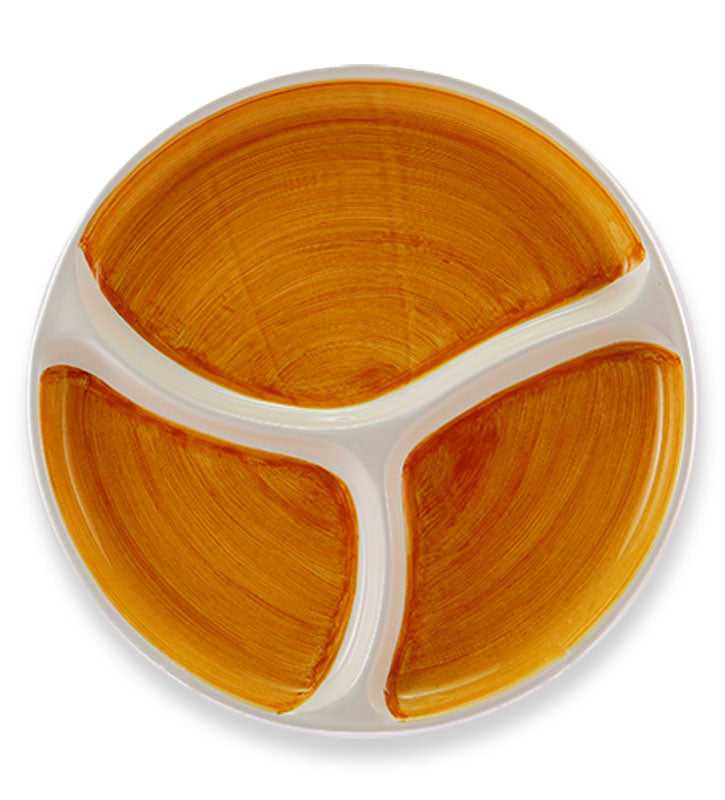 antipastiera rotonda , ceramica  siciliana, artigianale, colore giallo ambra