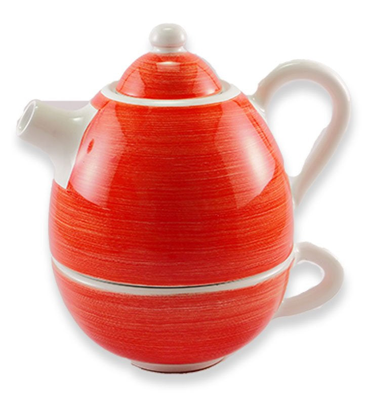 Teiera con tazza 3 pz, ceramica siciliana, artigianale , colore rosso corallo