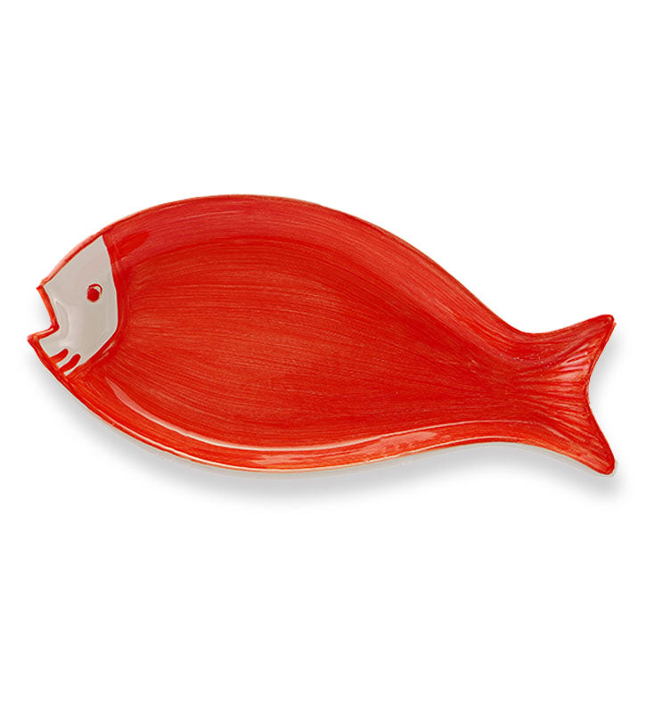 vassoio ovale pesce , ceramica siciliana, artigianale , colore rosso corallo