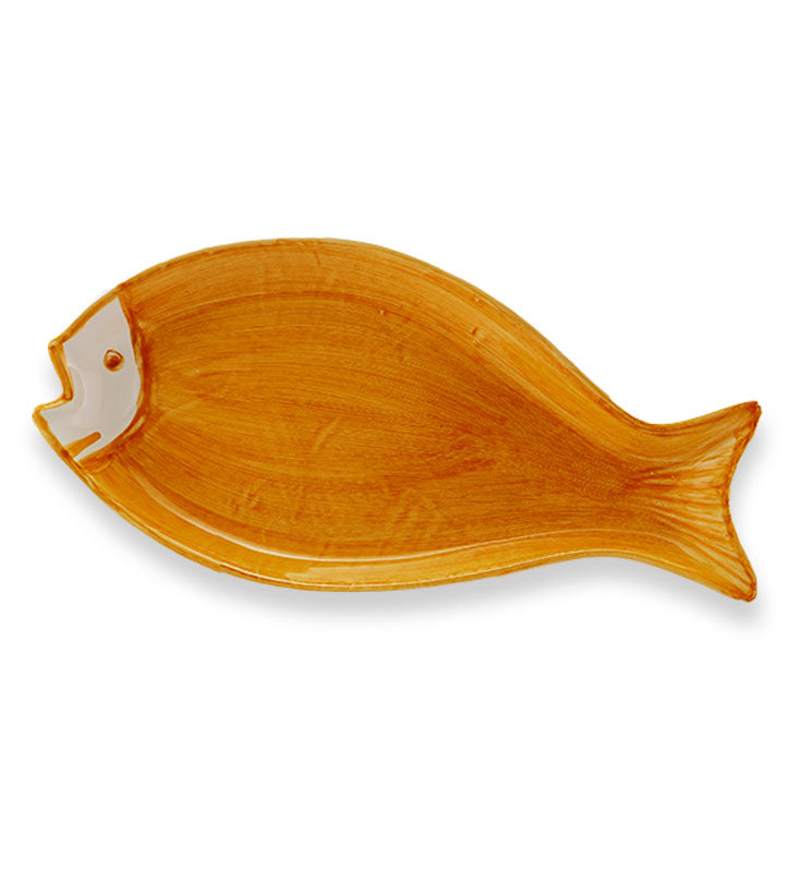 vassoio ovale pesce   , ceramica  siciliana, artigianale, colore giallo ambra