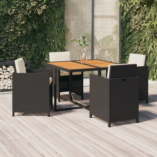 5 pezzi di mobili per la cena in treccia di resina nera da giardino e cuscini