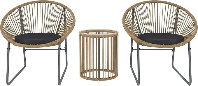 Set da giardino da esterno in 3 pezzi, 2 sedie, tavolino da caffè con cuscini lavabili e piano in vetro, set di mobili da patio e balcone.