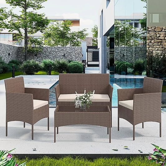 Set di mobili da giardino in rattan, 4 posti con tavolo e ripiani in vetro, 2 poltrone e divani a 2 posti, set di mobili da esterno
