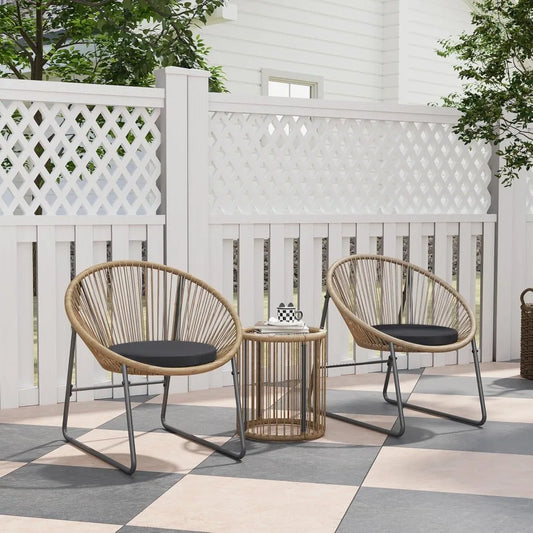 Set da giardino da esterno in 3 pezzi, 2 sedie, tavolino da caffè con cuscini lavabili e piano in vetro, set di mobili da patio e balcone.